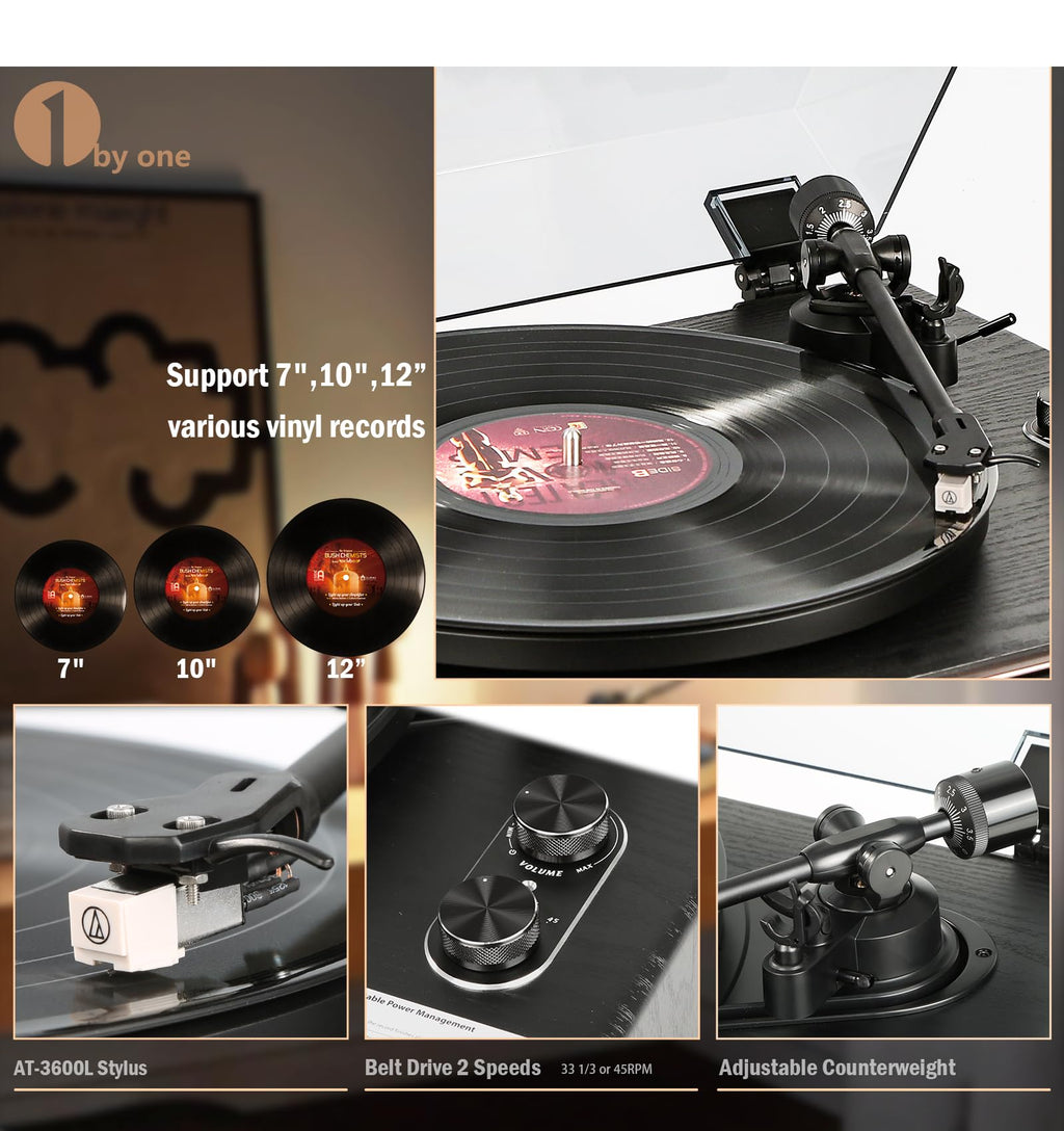 1 by ONE High Fidelity Belt Drive Turntable with Built-in Speakers, Vinyl Record Player with Magnetic Cartridge, Bluetooth Playback and Aux-in