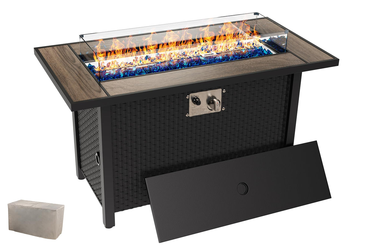45 inch Gas Fire Pit Table, Patio Outdoor Propane Fire Pits with Removable Lid & Waterproof Cover, 50000 BTU with Lava Rock and Alumium Frame Tables