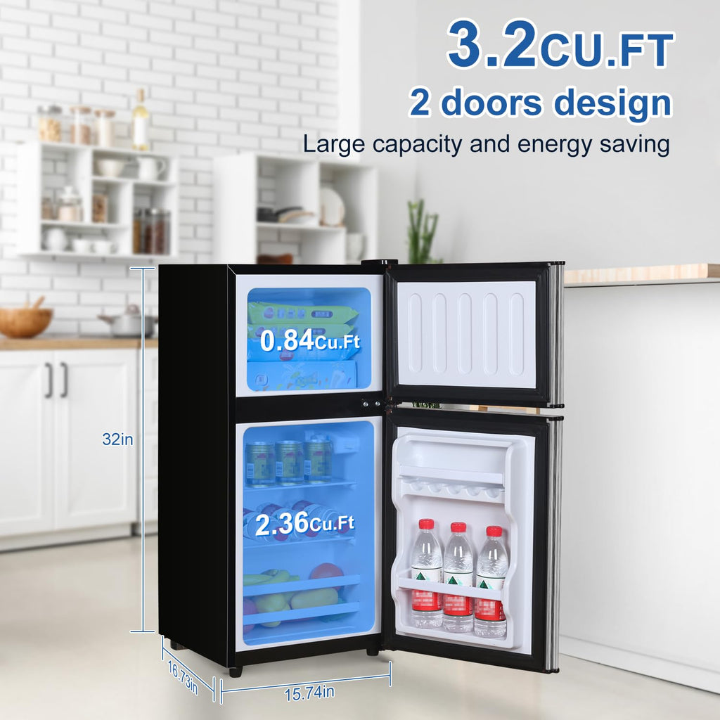 2.9 Cu.Ft Compact Double Door Mini Fridge - Top Freezer & Bottom Refrigerator | Energy Save,7-Level Precision Cooling | Ideal for Dorm, Bedroom