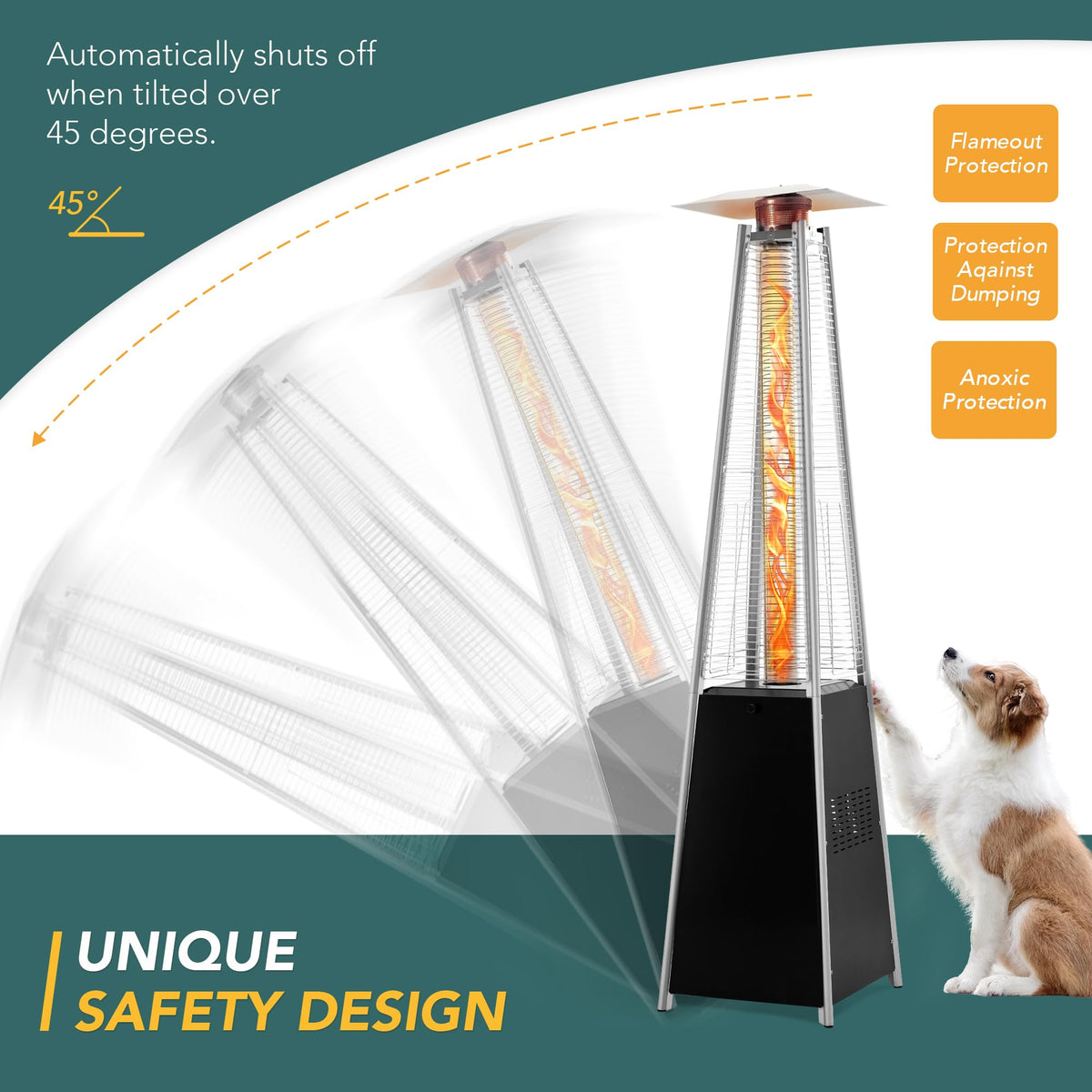 PAMAPIC Patio Heater, 42,000 BTU Quartz Glass Tube Brown Tower Propane Outdoor Heater with Cover