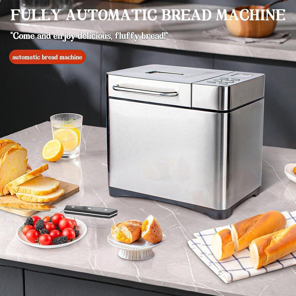 Stainless Steel Bread Maker, Fully Automatic Bread Maker with Automatic nut Dispenser, 17 Program Settings