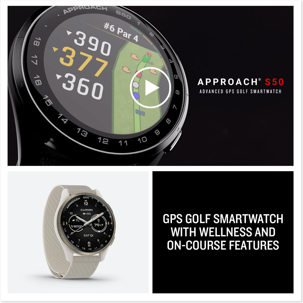 Garmin Approach® S44, Essential Golf GPS Smartwatch, AMOLED Display, On-Course Features, Silver Aluminum Bezel with Black Silicone Band