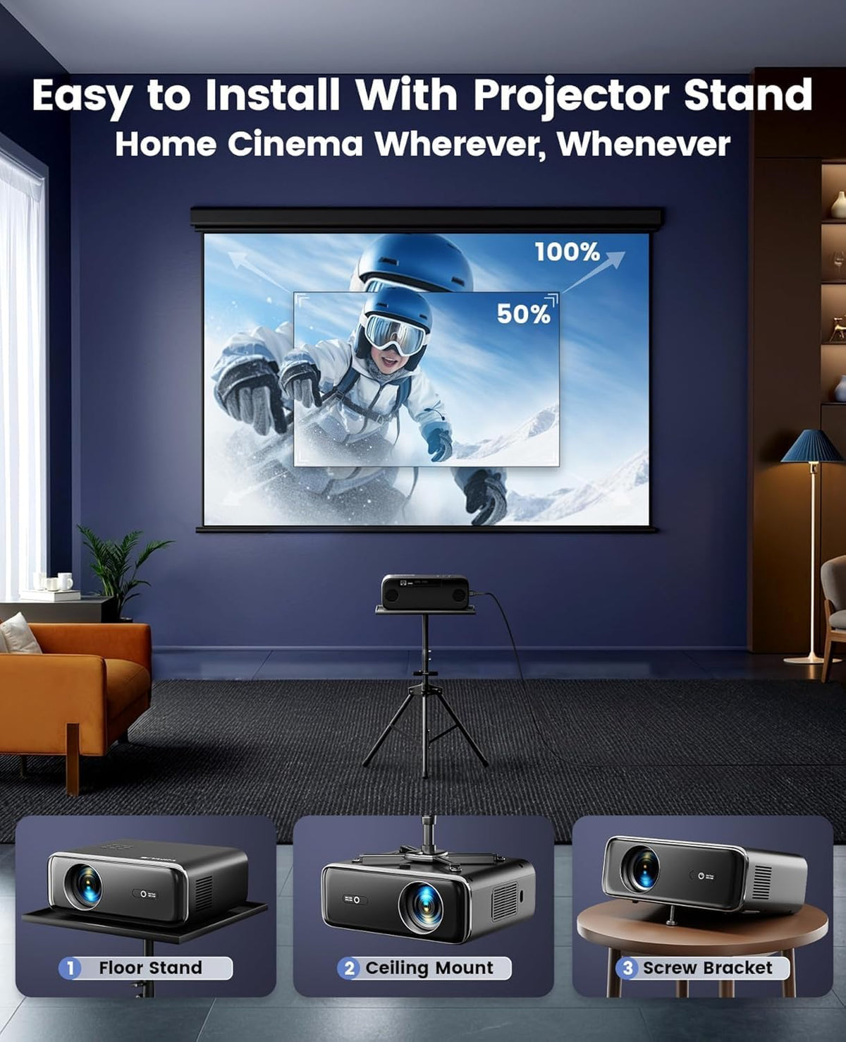 [Built-in Official Apps/4K Support] Smart Outdoor Projector with WiFi and Bluetooth, 800ANSI Movie Projector, DoIby Audio with Dual Speaker, Auto