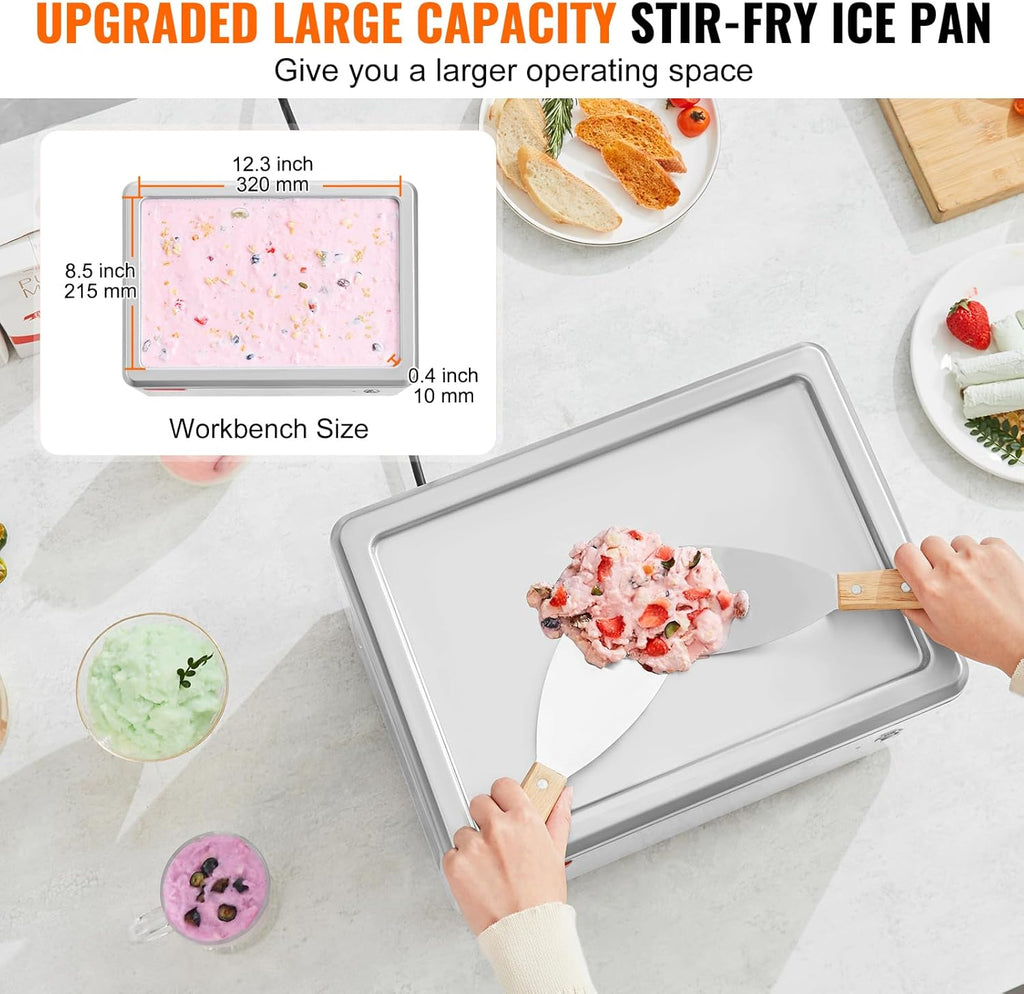 VEVOR Fried Ice Cream Machine, 12.6" x 8.5" 120W Stir-Fried Ice Cream Roll Maker with Compressor and 2 Scrapers, for Making Dessert Rolls, Frozen