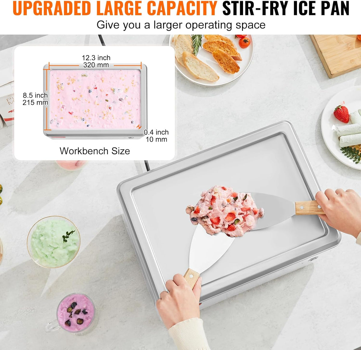 VEVOR Fried Ice Cream Machine, 12.6" x 8.5" 120W Stir-Fried Ice Cream Roll Maker with Compressor and 2 Scrapers, for Making Dessert Rolls, Frozen