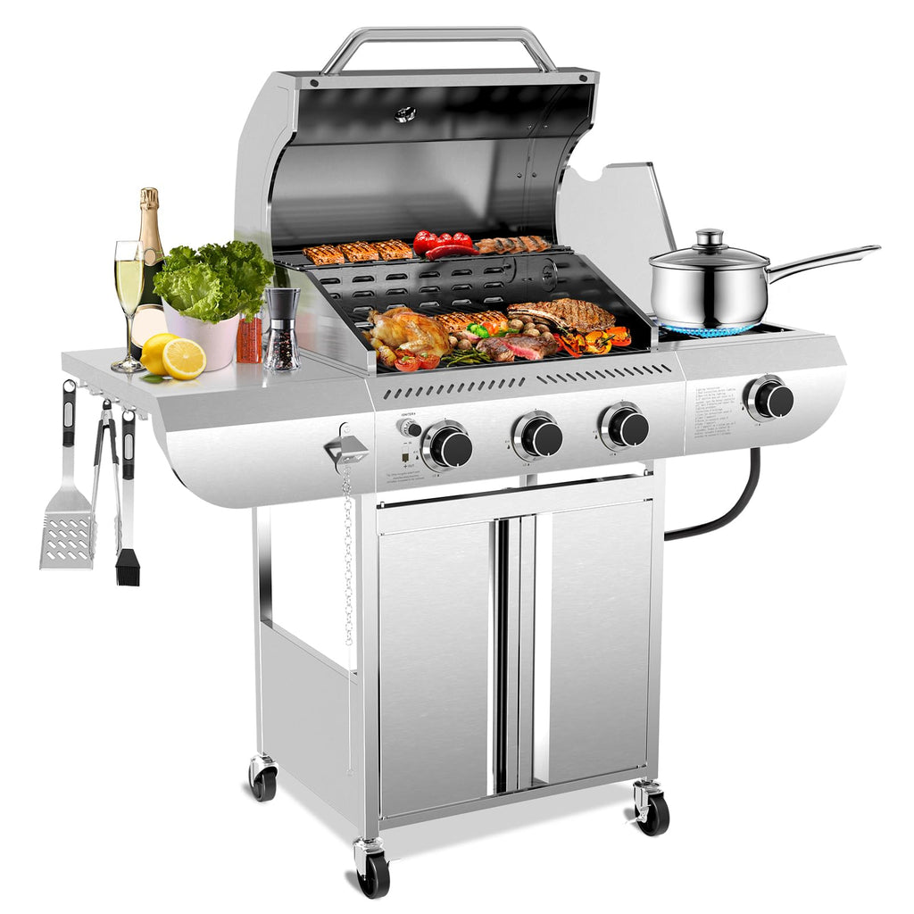 3-Burner Propane Gas Grill with Side Burner C 34,000 BTU Stainless Steel Outdoor BBQ Grill, Cast Iron Grates, Portable with Wheels for Patio, Camping