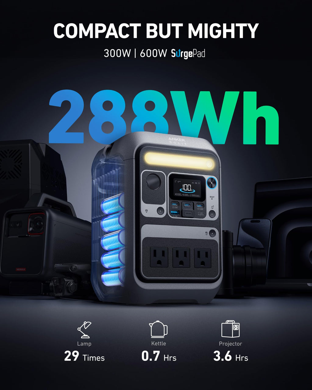 Anker Solar Generator SOLIX C300 with 60W Solar Panel, 288Wh Portable Power Station, 300W (600W Surge), LiFePO4 Battery, 140W Two-Way Fast Charging