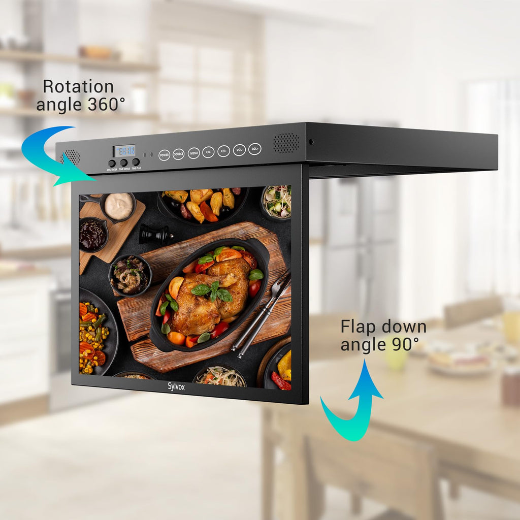 SYLVOX 15.6" Kitchen TV, 1080P FHD Under Cabinet TV with App Store, Voice Assistant, Chromecast, 12-Volt for Small Spaces, Kitchen, Bedroom, RV