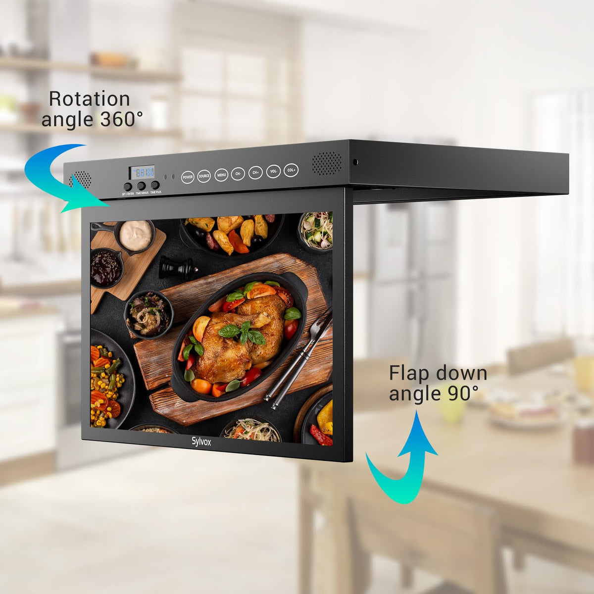 SYLVOX 15.6" Kitchen TV, 1080P FHD Under Cabinet TV with App Store, Voice Assistant, Chromecast, 12-Volt for Small Spaces, Kitchen, Bedroom, RV
