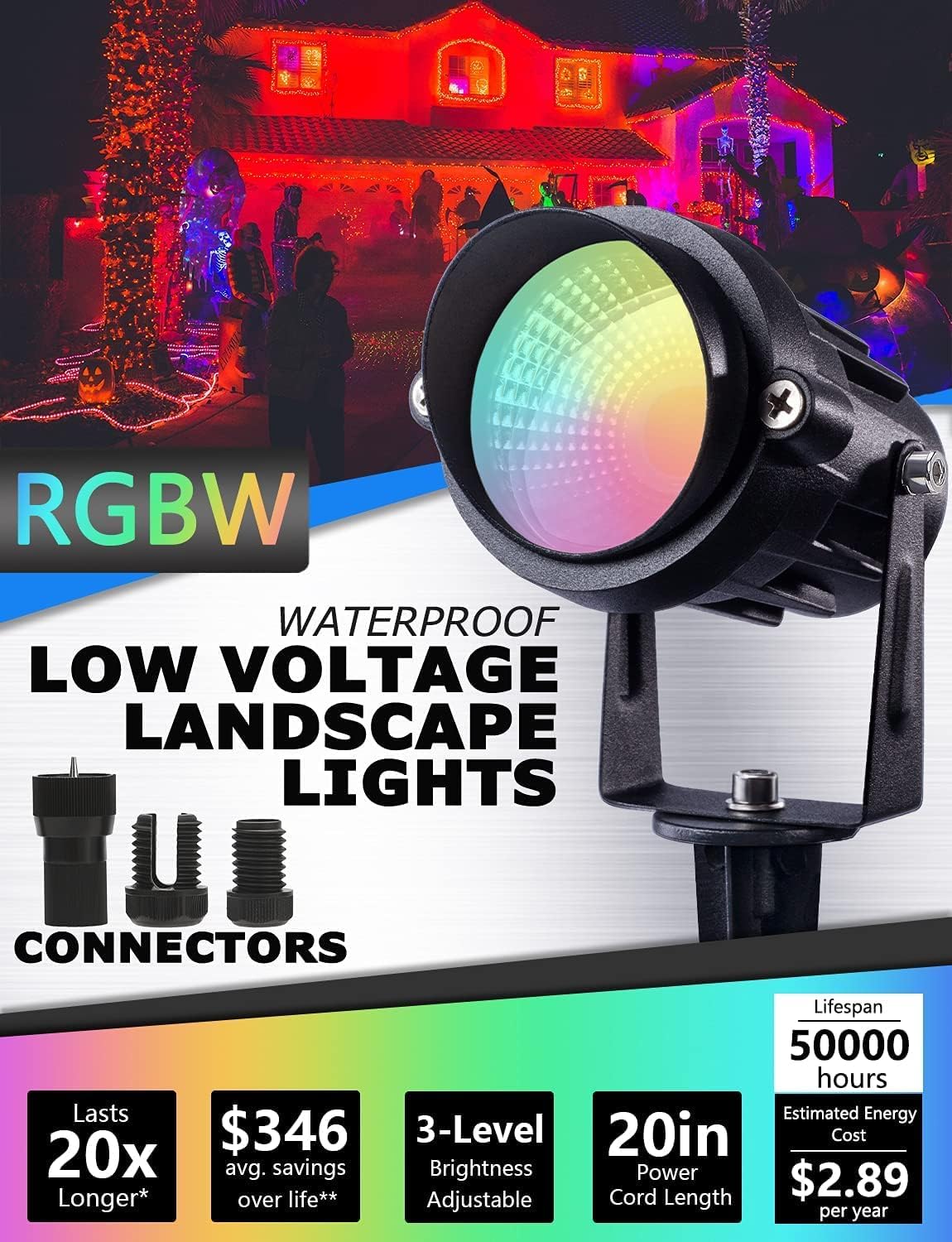 SUNVIE 24 Pack Halloween RGBW Low Voltage Landscape Lights 12W LED Color Changing Landscape Lighting with Remote Control and Wire Connectors, AC/DC