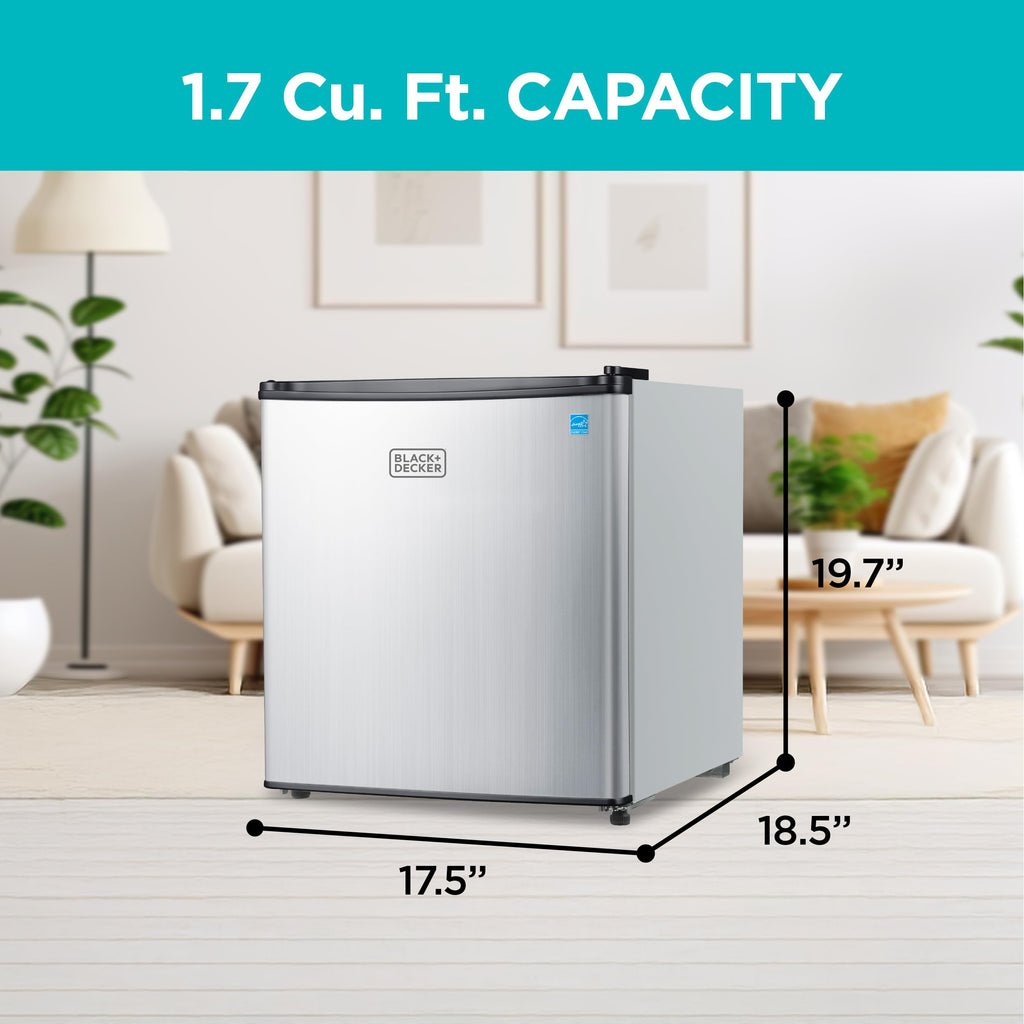 BLACK+DECKER 1.7 Cu. Ft. Compact Refrigerator, ENERGY STAR Certified, Single Door Mini Fridge with Chiller Compartment, Personal Fridge for Home or