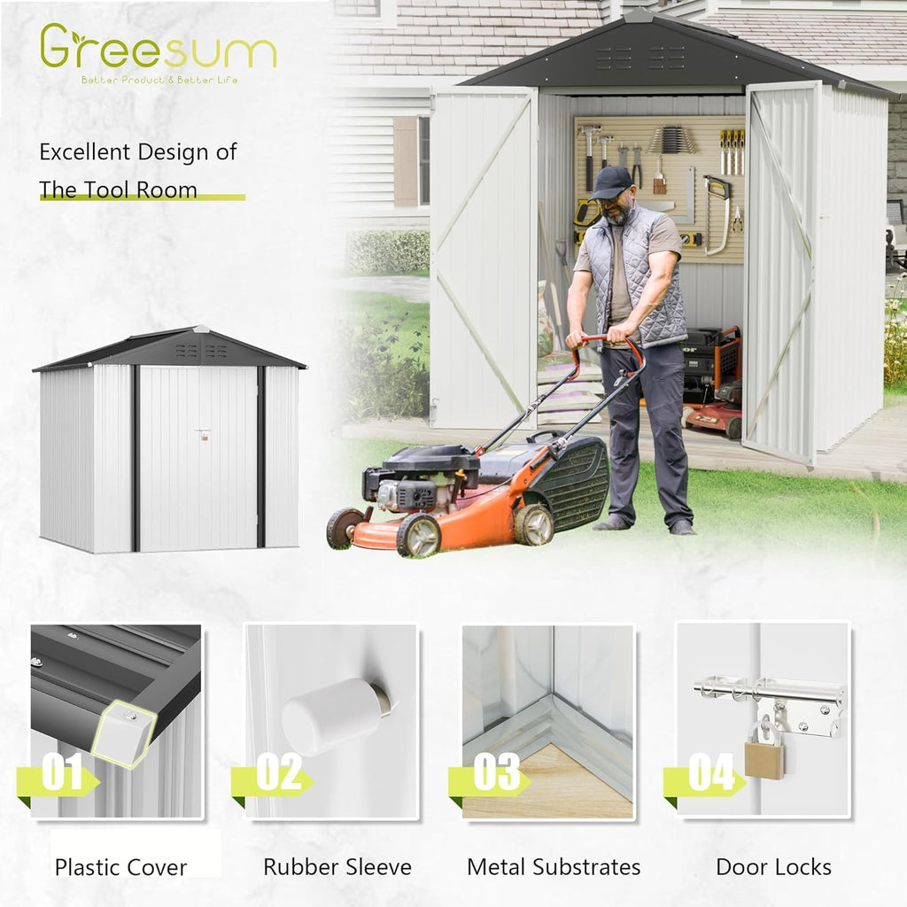 Greesum Outdoor Storage Shed 6 x 8 ft. Utility Tool Shed Metal Storage Garden Shed with Door & Lock for Patio Storage, Brown