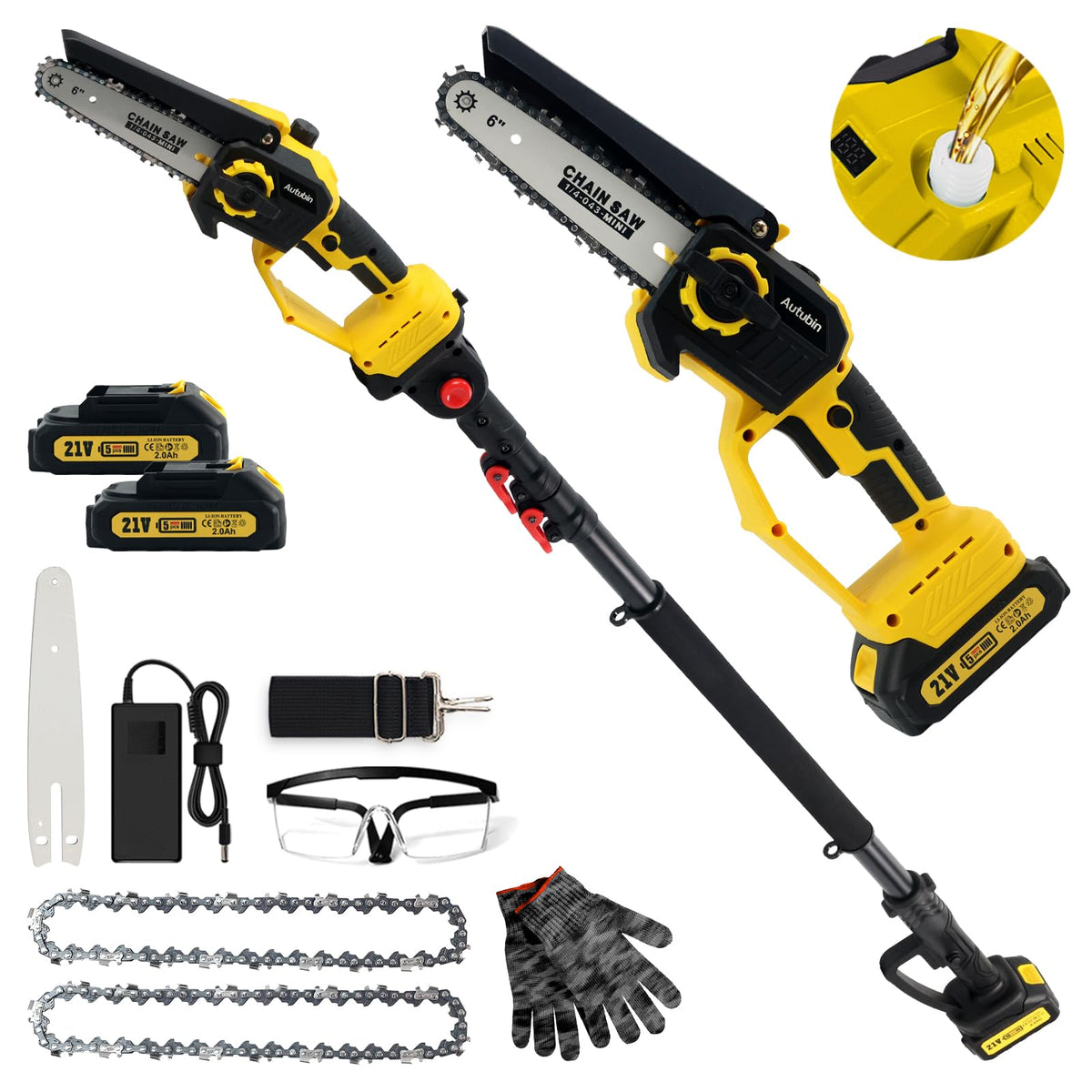 2-in-1 Cordless Pole Saw & 8'' Mini Chainsaw,Forest Ranger Approved Electric Handheld Chain Saw with 2 21V 4.0Ah Rechargeable Batterie&Charger, Auto