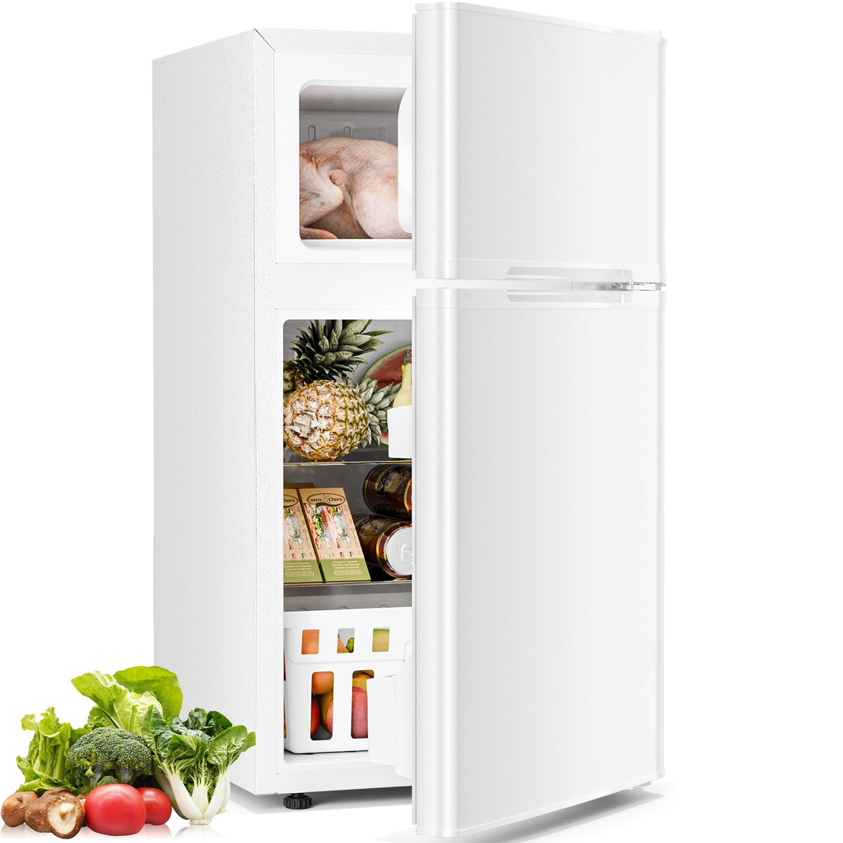Antarctic Star Compact Refrigerator,4.5 Cu.Ft. Mini Separate Freezer Double 2-Door Adjustable Removable Shelves for Apartment/Dorm/Office,GREY