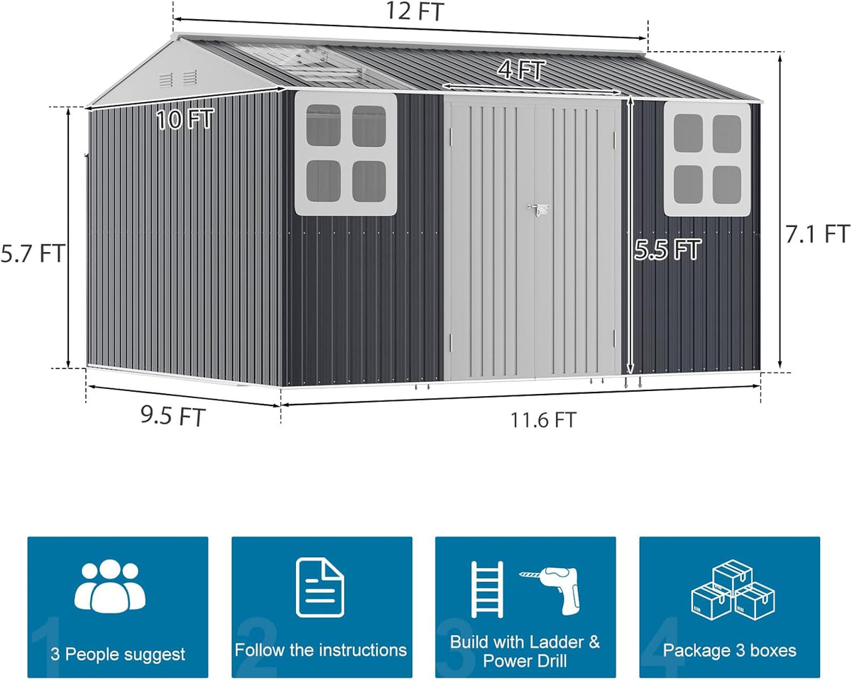 10x12 FT Metal Outdoor Storaged Shed with Floor Base Waterproof Heavy Duty Reinforced Frame with Unique Clear Roof Skyview Windows Air Vent for