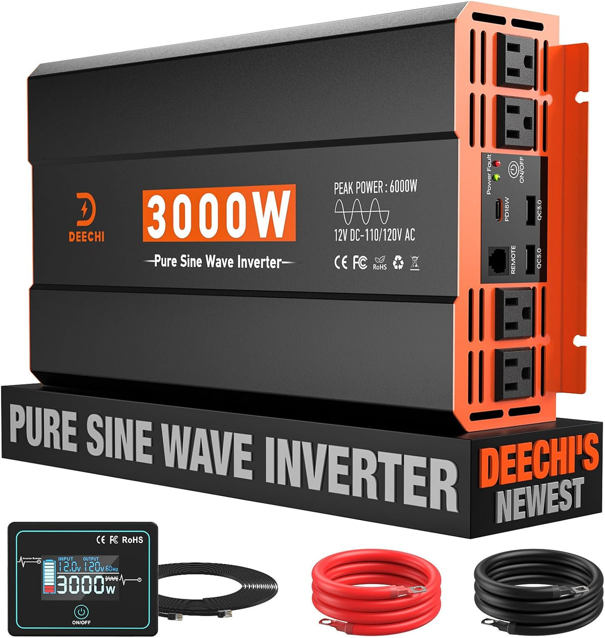 3000 Watt Pure Sine Wave Inverter 12V DC to 110V/120V AC Converter for RV/Truck/Home/Off-Grid Solar Car Power Inverter for Vehicles with 4 AC, 2 USB
