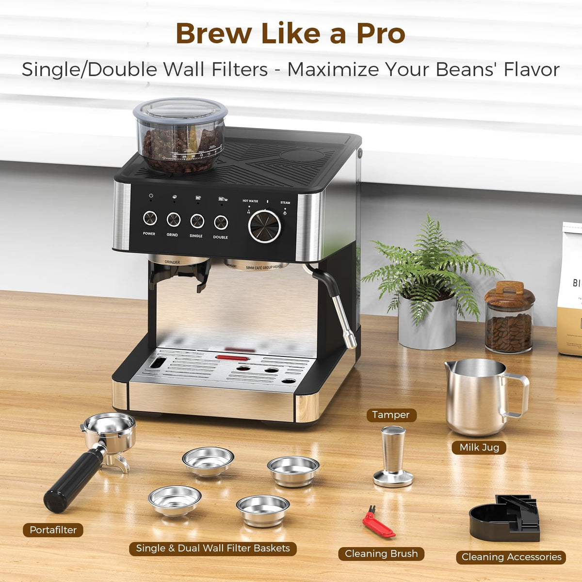 (2025 Upgrade)20 Bar Espresso Machine with Grinder & Milk Frother Steam Wand, Tamping Tools, Expresso Coffee Machines 58mm Commercial Espresso Maker