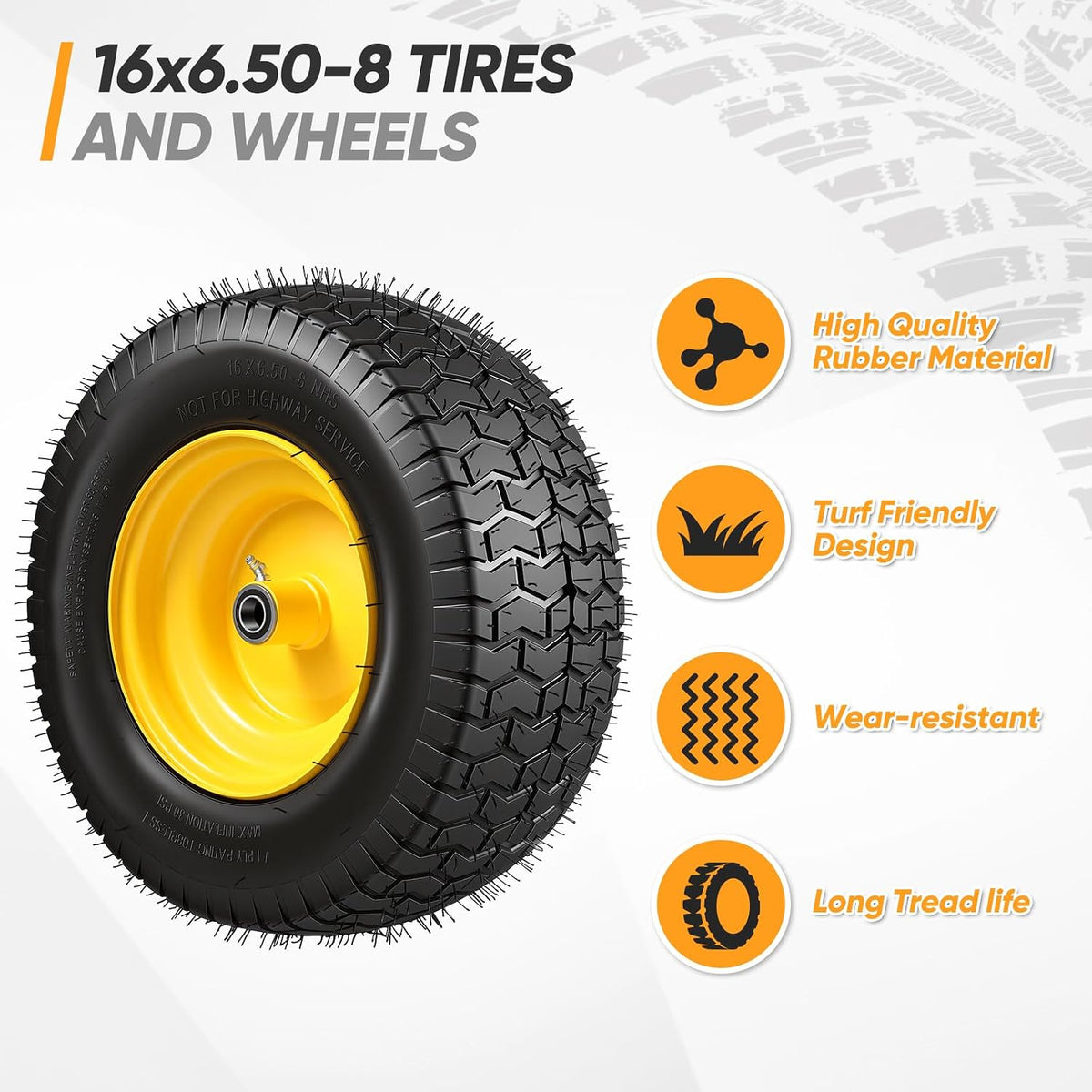 16x6.50-8 Tubeless Tire and Wheel, 16x6.5-8" Lawn Mower Tires, 3/4" or 5/8" Bearing, 3"-4.5" Offset Hub, Fit Riding Mower and Garden Tractor Front Wheels, 4 Ply, Turf Pattern, 2 Pack