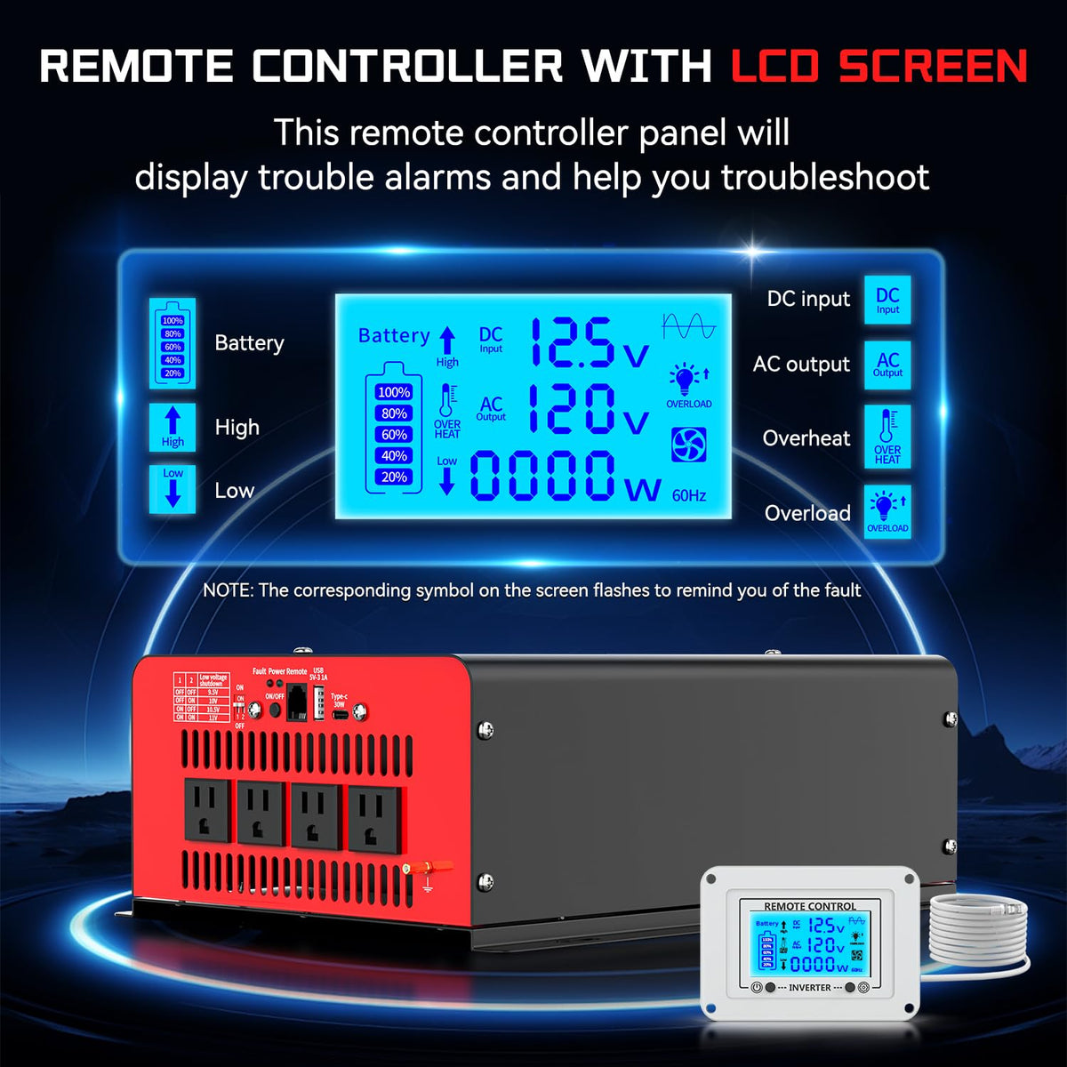 4000 Watt Power Inverter 12V DC to 110V AC Car Inverter with 4 AC Outlets, 30W Type-C Port, 3.1A USB Port, Remote Controller on LCD Screen, Peak