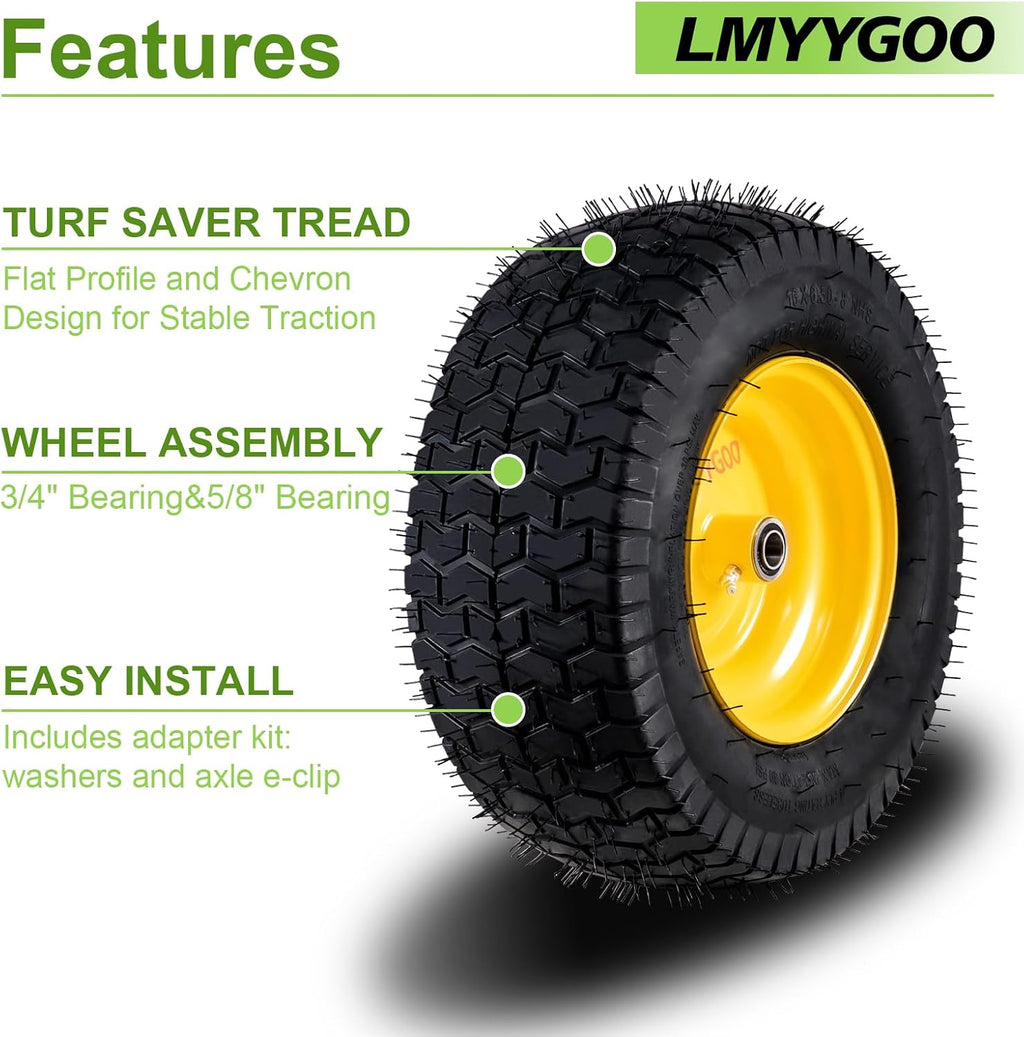 16x6.5-8 Tubeless Tire and Wheel, 2 Pcs Replacement Riding Lawn Mower Garden Tractor Front Wheel Tire with 3" Offset Hub, 3/4" Bearing & 5/8âBearing