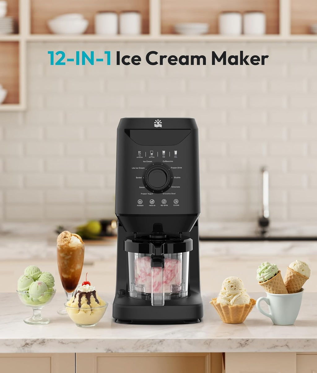 Automatic Ice Cream Maker Machine - 12-in-1 Ice Cream Maker with 2 Pint Containers & Lids, 2-5 Min Homemade Gelato, Sorbet and Frozen Yogurt Maker