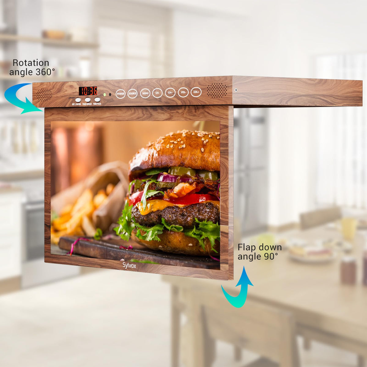 SYLVOX 15.6" Kitchen TV, 1080P FHD Under Cabinet TV with App Store, Voice Assistant, Chromecast, 12-Volt for Small Spaces, Kitchen, Bedroom, RV
