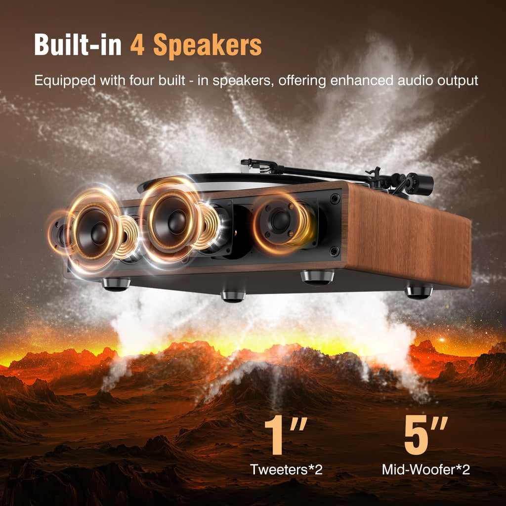 1 by ONE High Fidelity Belt Drive Turntable with Built-in Speakers, Vinyl Record Player with Magnetic Cartridge, Bluetooth Playback and Aux-in