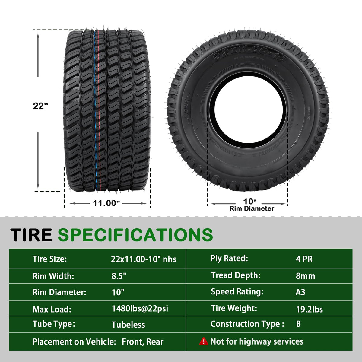 TRIPOWER 24x9.50-12 Lawn Mower Tire, 1 Pack Single Replacement Tire, 4PR Tubeless Turf Tire for Riding Mowers and Garden Tractors, Tire Only, Rim Not Included