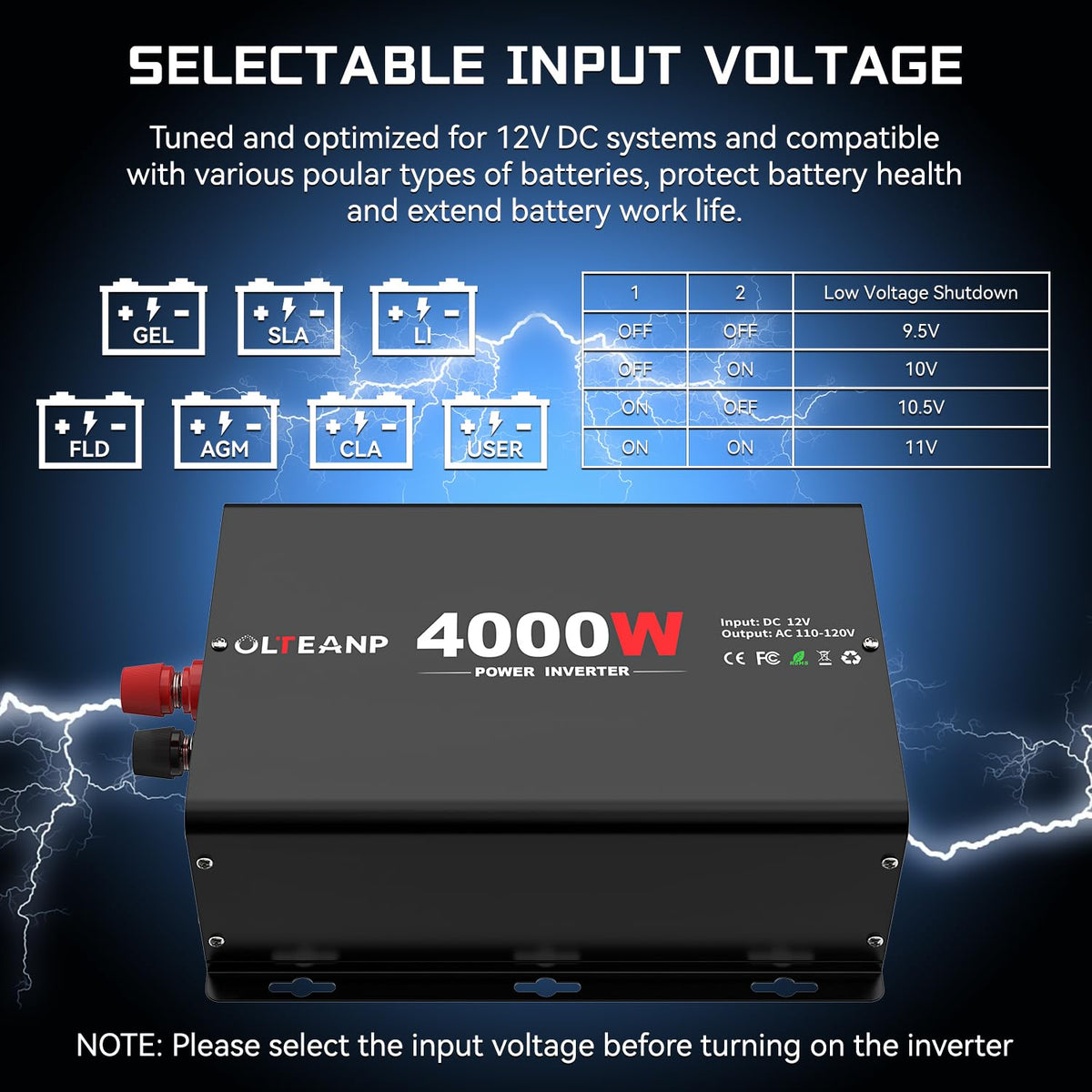 4000 Watt Power Inverter 12V DC to 110V AC Car Inverter with 4 AC Outlets, 30W Type-C Port, 3.1A USB Port, Remote Controller on LCD Screen, Peak