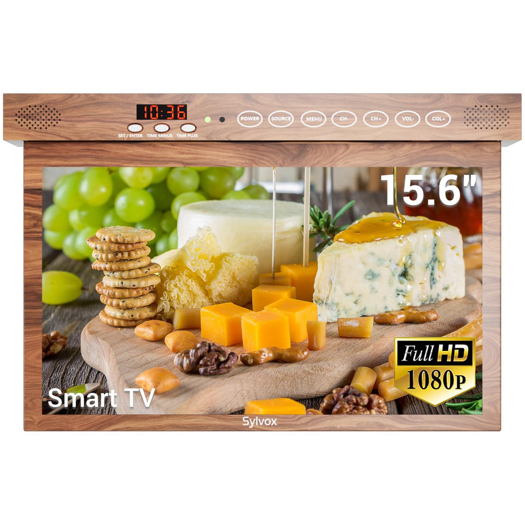 SYLVOX 15.6" Kitchen TV, 1080P FHD Under Cabinet TV with App Store, Voice Assistant, Chromecast, 12-Volt for Small Spaces, Kitchen, Bedroom, RV