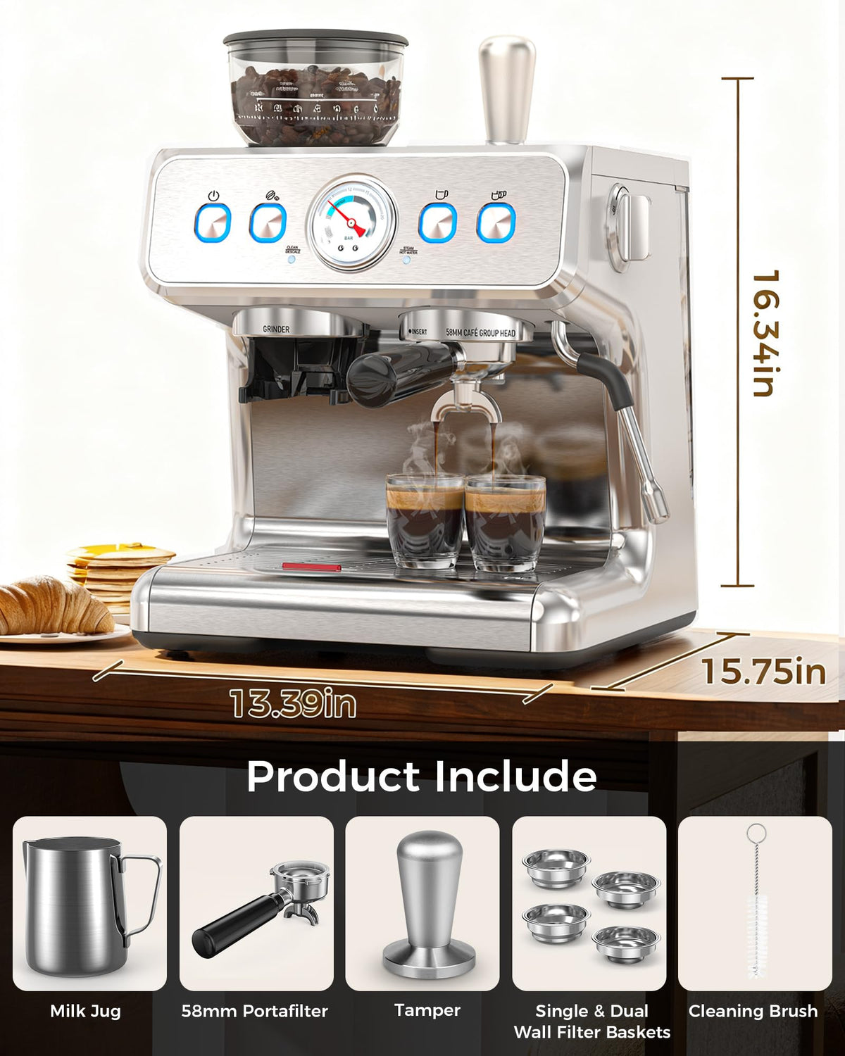 (2025 Upgrade)20 Bar Espresso Machine with Grinder & Milk Frother Steam Wand, Tamping Tools, Expresso Coffee Machines 58mm Commercial Espresso Maker