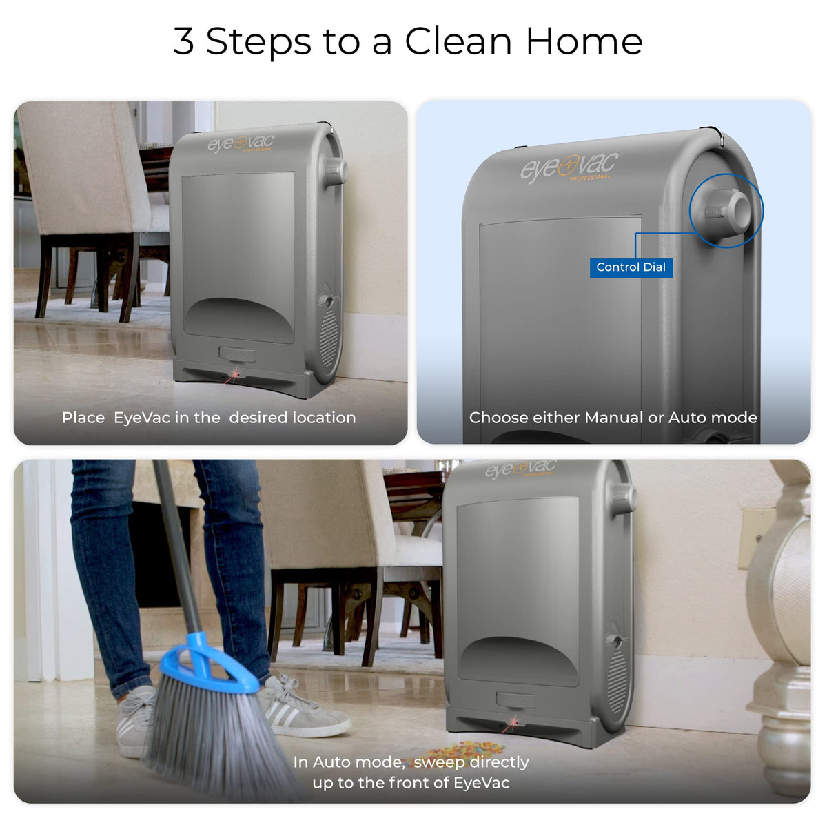EyeVac Pro Touchless Vacuum Automatic Dustpan - Ultra Fast & Powerful - Great for Sweeping Salon Pet Hair Food Dirt Kitchen, Corded Canister Vacuum