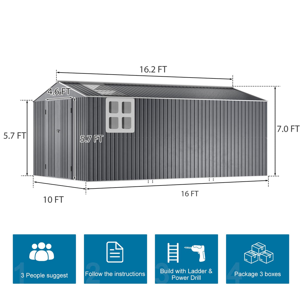10x12 FT Metal Outdoor Storaged Shed with Floor Base Waterproof Heavy Duty Reinforced Frame with Unique Clear Roof Skyview Windows Air Vent for