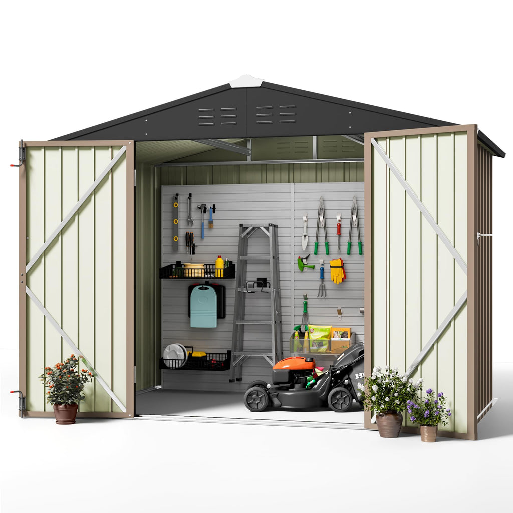 Greesum Outdoor Storage Shed 6 x 8 ft. Utility Tool Shed Metal Storage Garden Shed with Door & Lock for Patio Storage, Brown