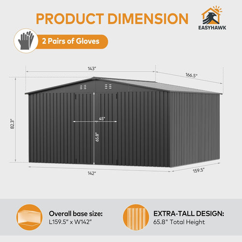 14 x 12FT Outdoor Storage Shed, Metal Waterproof Storage Shed Steel Utility Garden Tool Shed with Door & Lock Outdoor Storage,All-Weather Shelter for