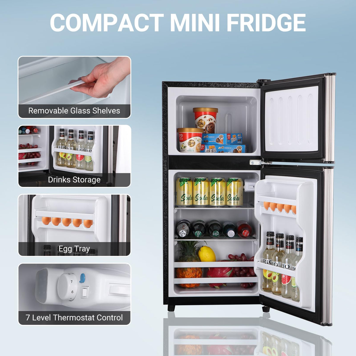 3.3 Cu. Ft. Mini Fridge with Freezer, Compact Refrigerator with Adjustable 7-Level Thermostat, Dorm Fridge for Kichen, RV, Office, Apartment, Black