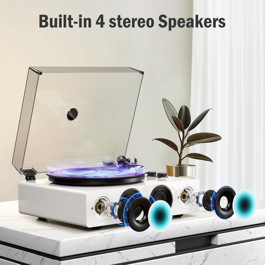 1 by ONE High Fidelity Belt Drive Turntable with Built-in Speakers, Vinyl Record Player with Magnetic Cartridge, Bluetooth Playback and Aux-in
