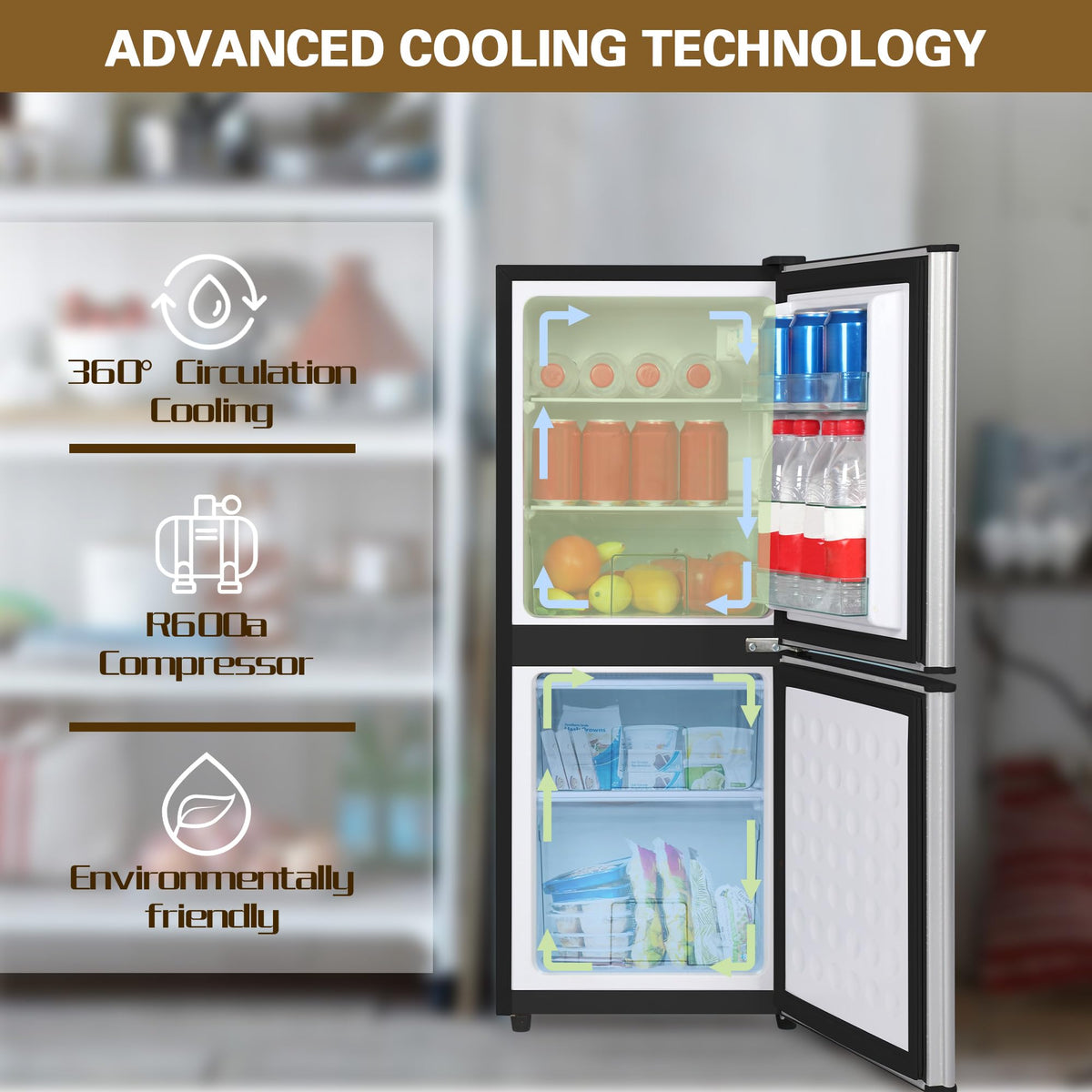3.3 Cu. Ft. Mini Fridge with Freezer, Compact Refrigerator with Adjustable 7-Level Thermostat, Dorm Fridge for Kichen, RV, Office, Apartment, Black