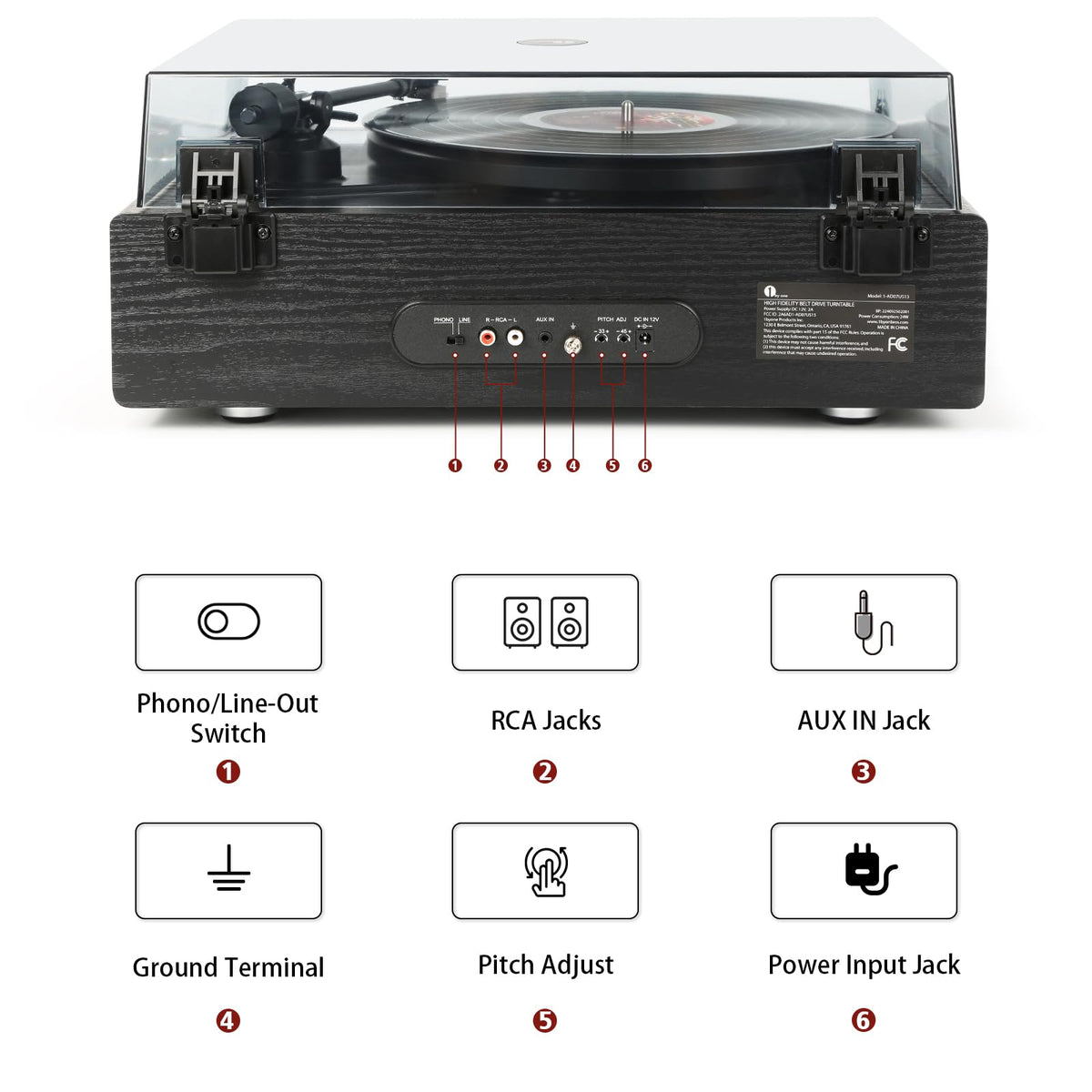 1 by ONE High Fidelity Belt Drive Turntable with Built-in Speakers, Vinyl Record Player with Magnetic Cartridge, Bluetooth Playback and Aux-in