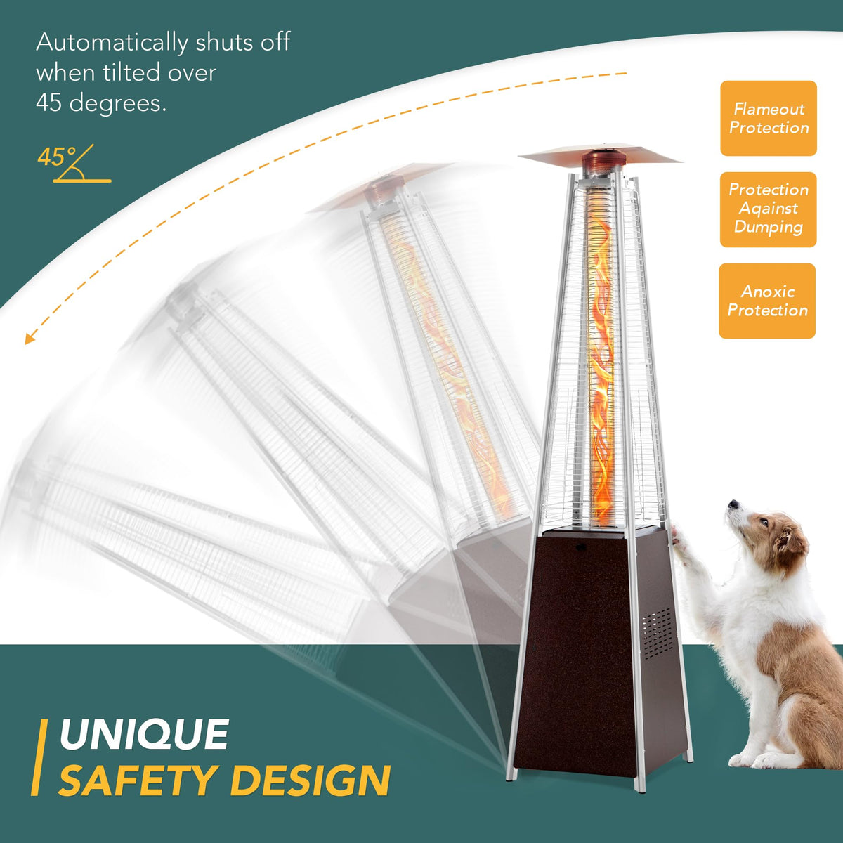 PAMAPIC Patio Heater, 42,000 BTU Quartz Glass Tube Brown Tower Propane Outdoor Heater with Cover