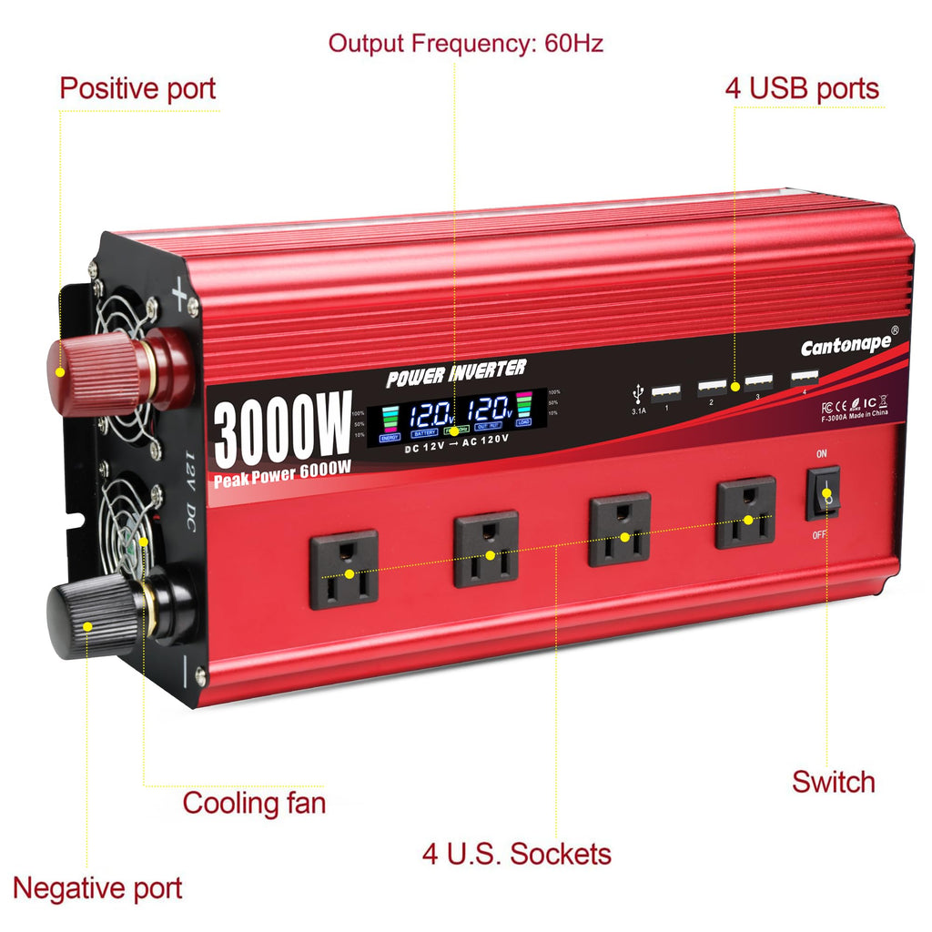 4000W Power Inverter 12V to 110V/120V DC to AC with LCD Display, Remote Controller 5 x AC Outlets and 4 x 3.1A USB Car Adapter for Car Truck Boat RV