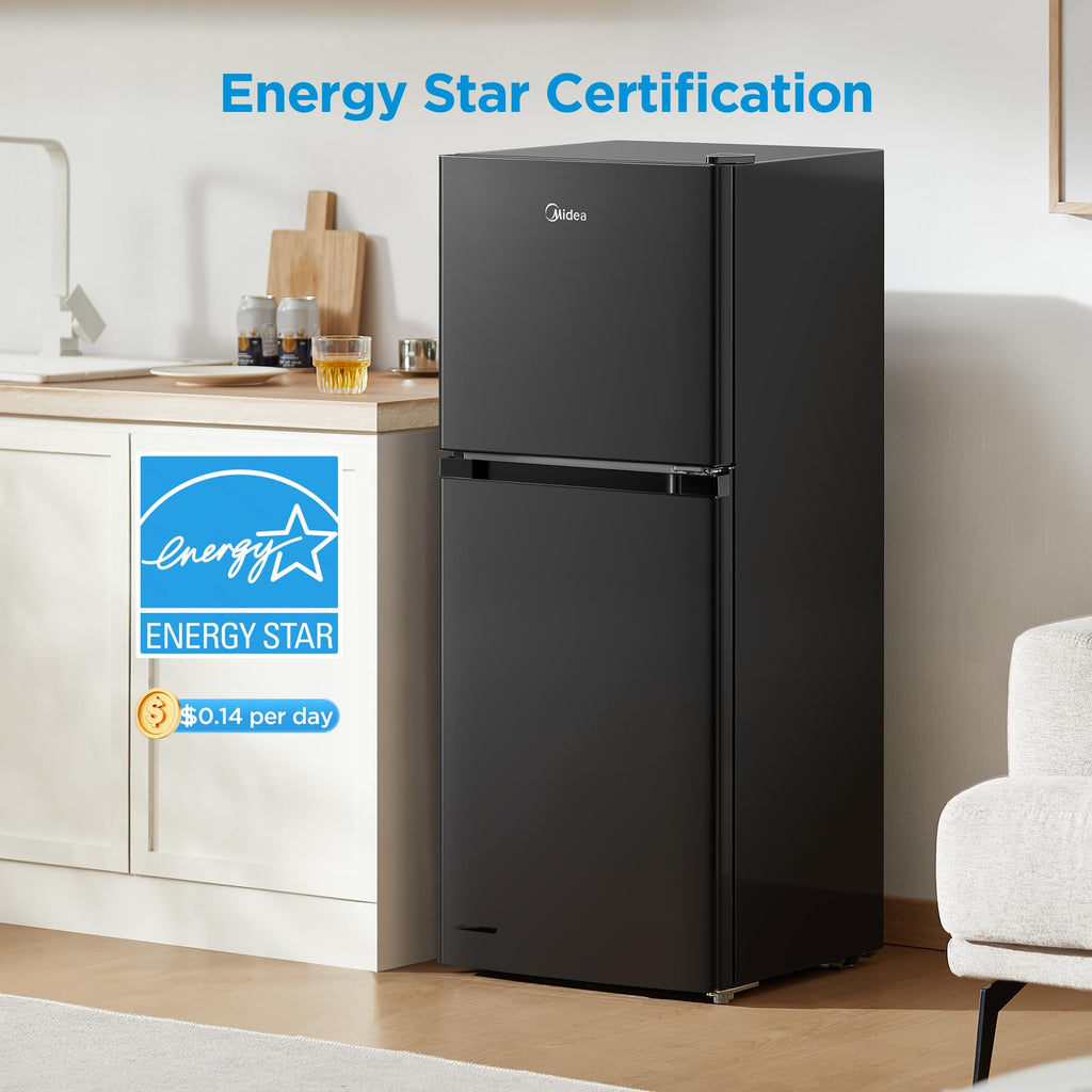 Midea WHD-113FB1 Double Door Mini Fridge with Freezer for Bedroom Office or Dorm with Adjustable Remove Glass Shelves Compact Refrigerator, 3.1 cu ft