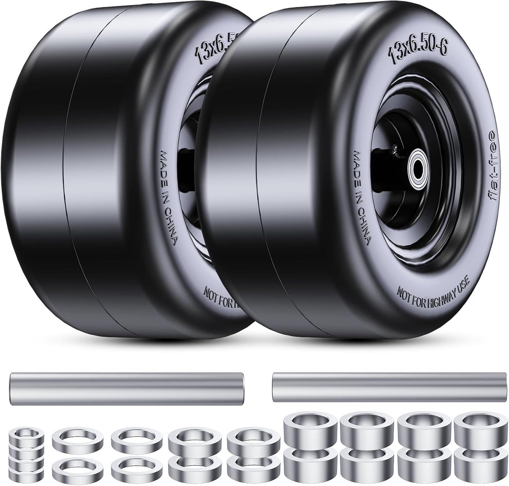 13x6.50-6" Flat Free Lawn Mower Tires, Universal Fit Solid Front Tires for Zero Turn Mowers, Adjustable Hub with 3/4" & 5/8" Bearings for Residential & Commercial Use, 2 Pack, Large Bearing Design
