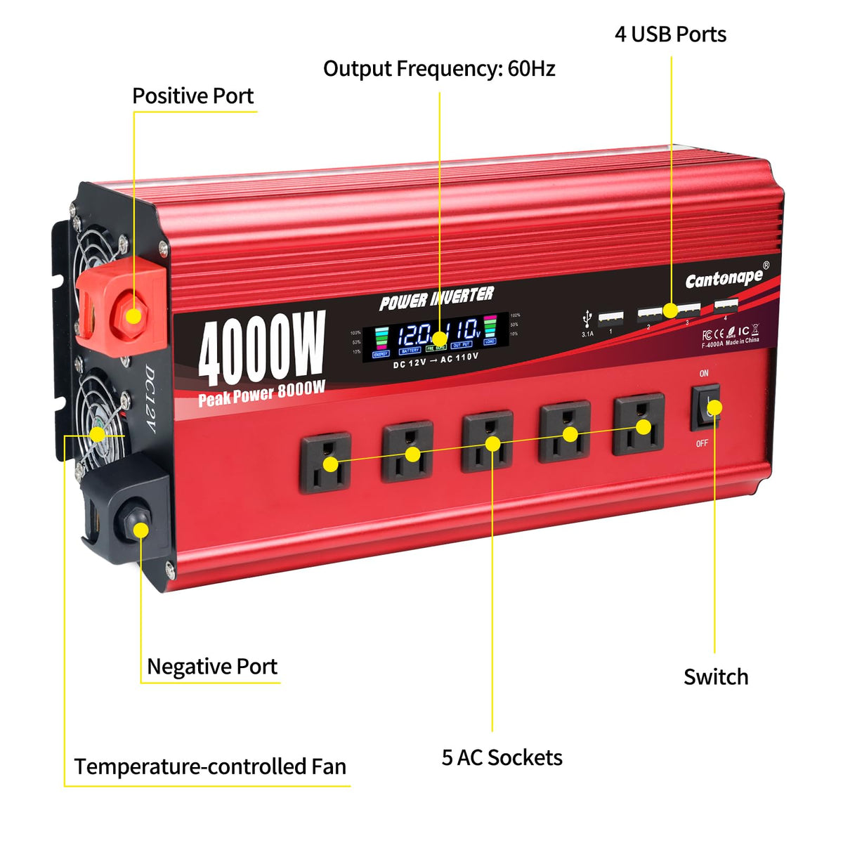 4000W Power Inverter 12V to 110V/120V DC to AC with LCD Display, Remote Controller 5 x AC Outlets and 4 x 3.1A USB Car Adapter for Car Truck Boat RV