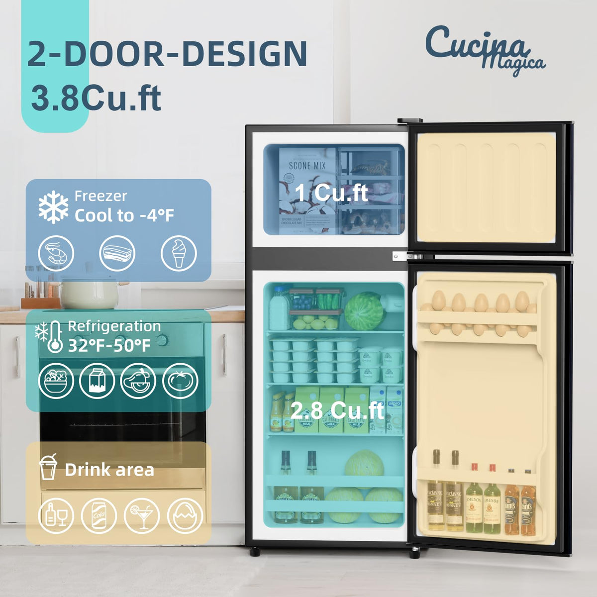 2.9 Cu.Ft Compact Double Door Mini Fridge - Top Freezer & Bottom Refrigerator | Energy Save,7-Level Precision Cooling | Ideal for Dorm, Bedroom