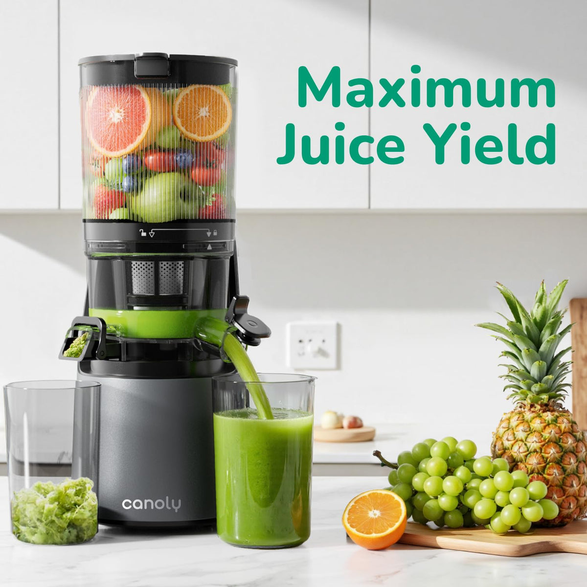 Canoly C16 Cold Press Juicer, with a 6" Wide Chute & Self-Precut, 3-in-1 Strainers (Juice & Sorbet & Nut Milk), BPA-Free Construction, Powered by a
