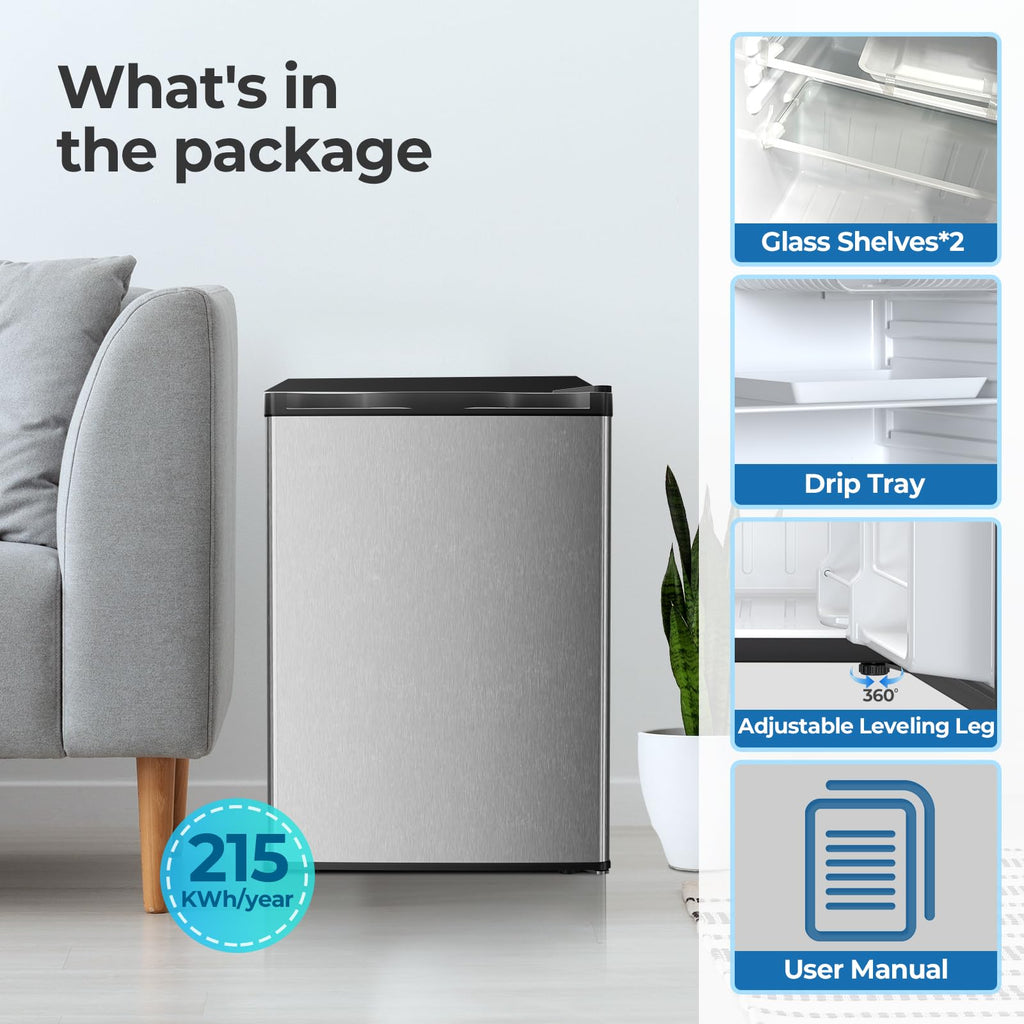3.2 Cu.ft Mini Fridge with Freezer, Compact Refrigerator with Reversible Single Door, Adjustable Thermostat, Low Noise, Energy Efficient for Office