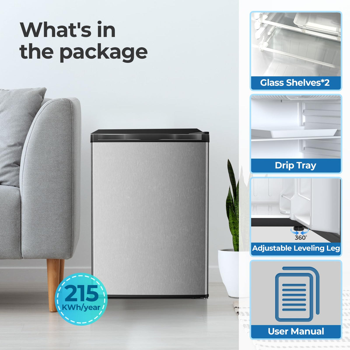 3.2 Cu.ft Mini Fridge with Freezer, Compact Refrigerator with Reversible Single Door, Adjustable Thermostat, Low Noise, Energy Efficient for Office