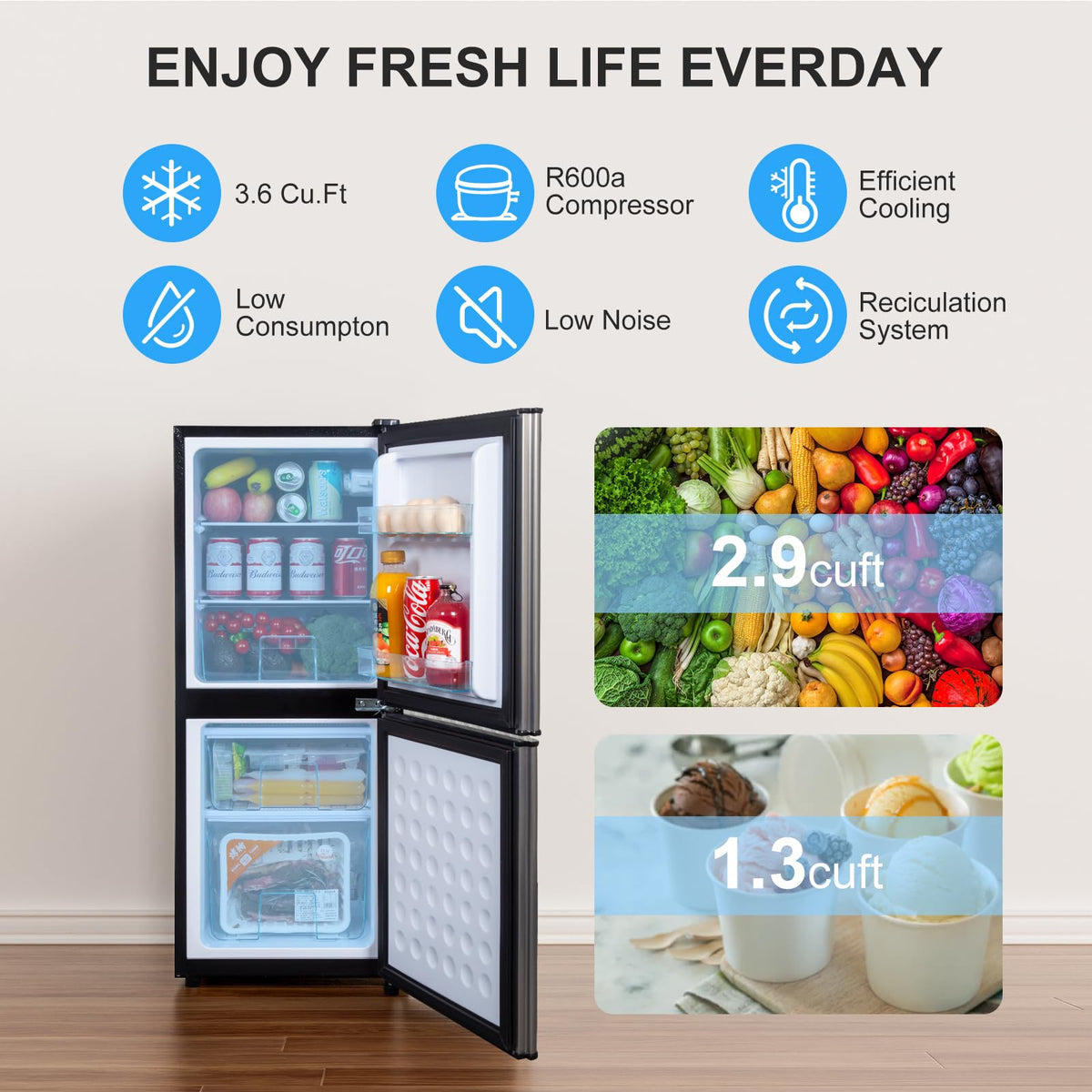2.9 Cu.Ft Compact Double Door Mini Fridge - Top Freezer & Bottom Refrigerator | Energy Save,7-Level Precision Cooling | Ideal for Dorm, Bedroom