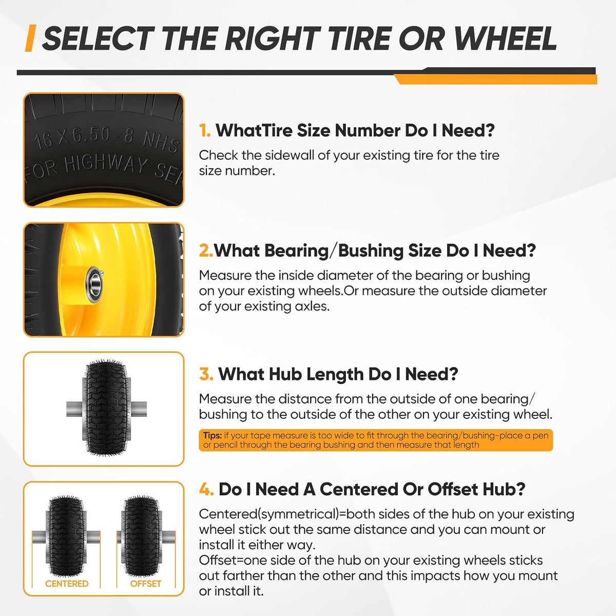 16x6.50-8 Tubeless Tire and Wheel, 16x6.5-8" Lawn Mower Tires, 3/4" or 5/8" Bearing, 3"-4.5" Offset Hub, Fit Riding Mower and Garden Tractor Front Wheels, 4 Ply, Turf Pattern, 2 Pack